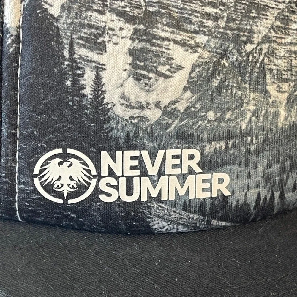 Never Summer Industries Mountain Graphic Trucker Hat Black Snapback Yupoong Cap